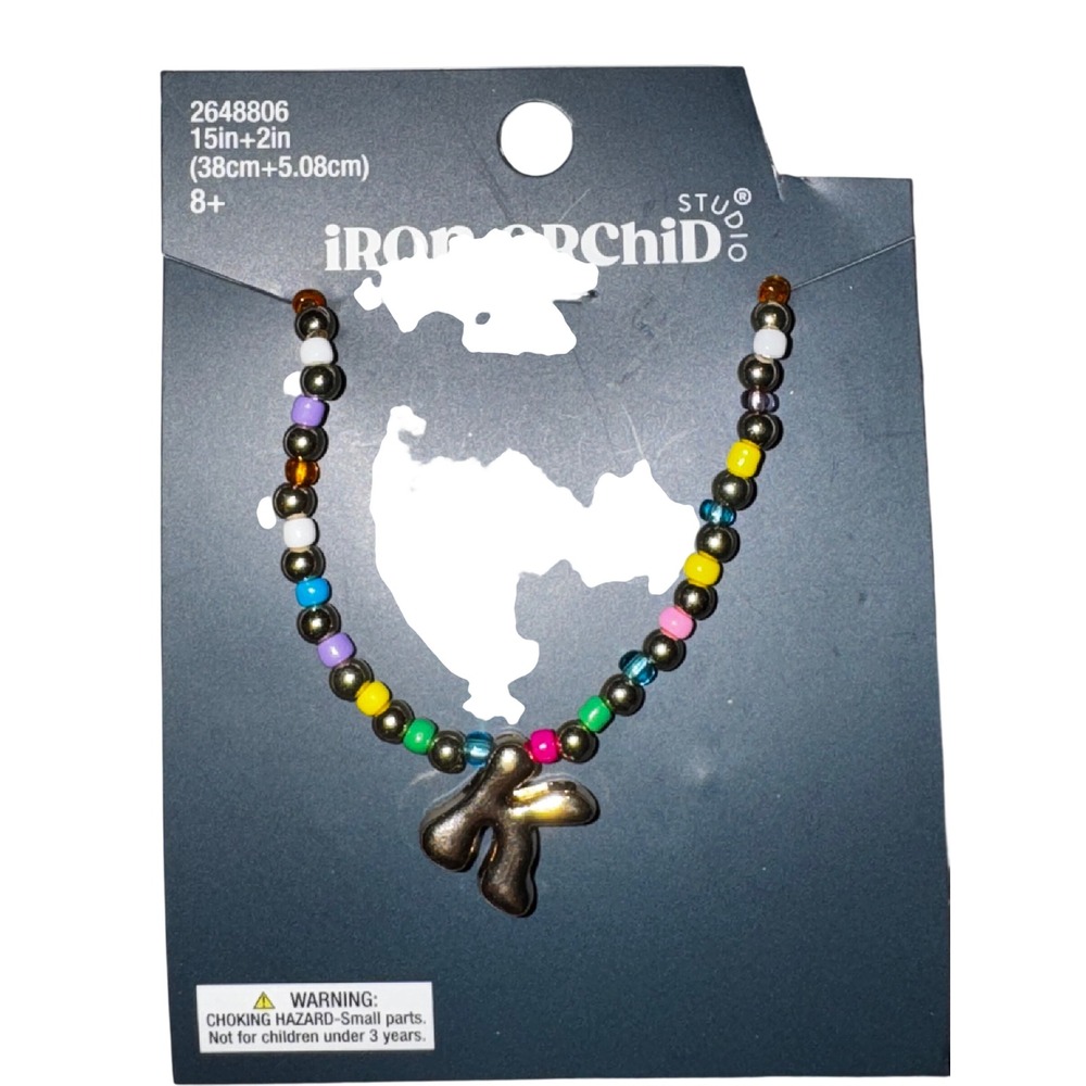 Iron Orchid Studio Beaded Necklace Gold Tone Initial K Charm Colorful 15-17 Inch